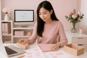 Mujer emprendedora trabajando con laptop y cuaderno, recursos para emprender